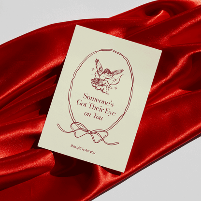 Cupid 'Someone's Got Their Eye on You' Valentine's Day or Anniversary Greeting Card on Red Satin