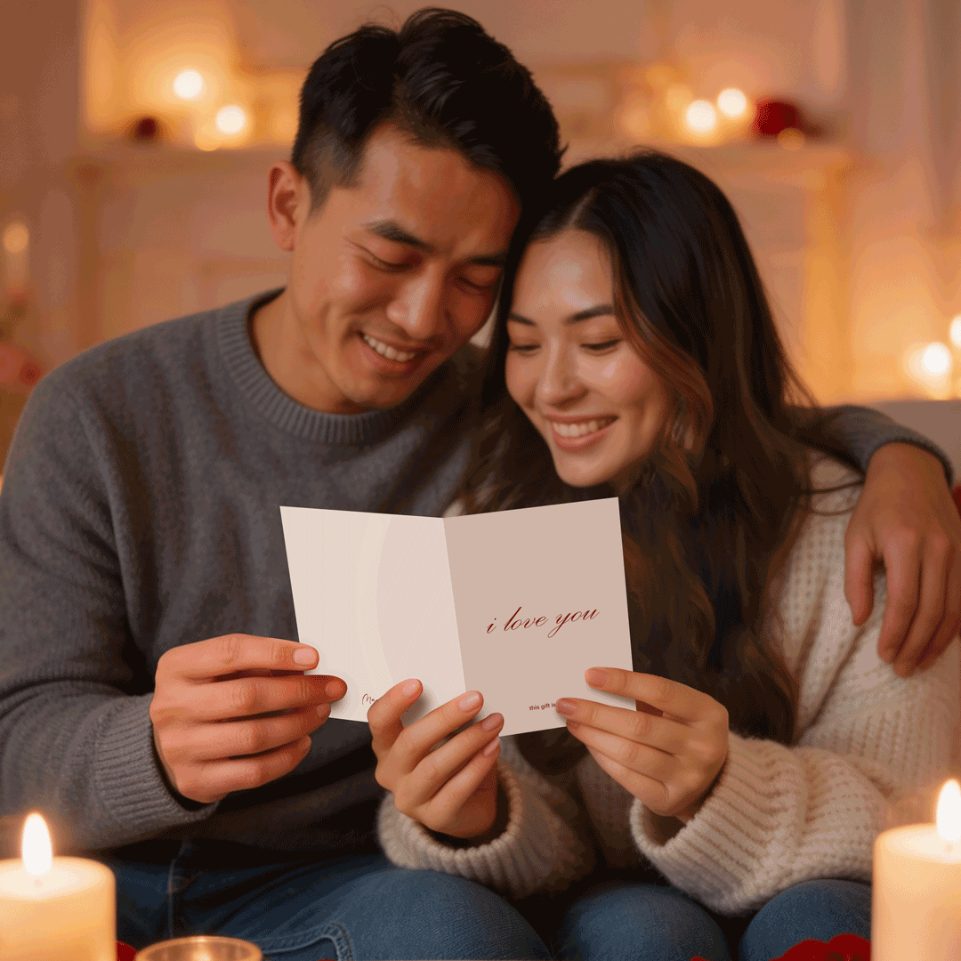 Couple with Anniversary Gift or Valentine's Day Gift, an 'I Love You' Greeting Card and Gift Card.