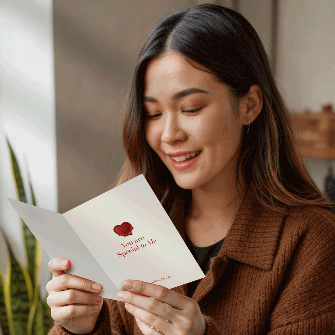 Woman holding a greeting and gift card with 'You are Special to Me' text and a red heart symbol for Valentine's Day or Anniversary.