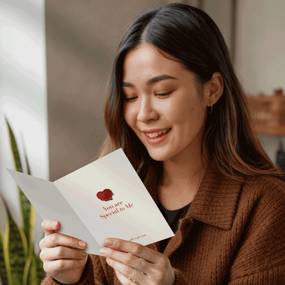 Woman holding a greeting and gift card with 'You are Special to Me' text and a red heart symbol for Valentine's Day or Anniversary.